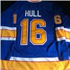 Image 1 : BRETT HULL SIGNED BLUES JERSEY (FRAMEWORTH COA)