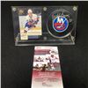 Image 1 : MIKE BOSSY SIGNED NY ISLANDERS HOCKEY PUCK w/ UD FOUNDATIONS CARD DISPLAY (JSA COA)