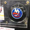 Image 2 : MIKE BOSSY SIGNED NY ISLANDERS HOCKEY PUCK w/ UD FOUNDATIONS CARD DISPLAY (JSA COA)