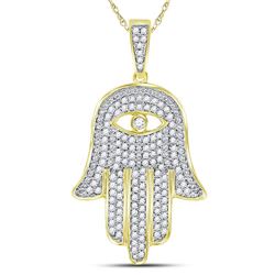 1/2 CTW Mens Round Diamond Eye of Fatima Hamsa Hand Charm Pendant 10kt Yellow Gold - REF-41W9F