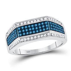 3/4 CTW Mens Round Blue Color Enhanced Diamond Triple Stripe Flat Surface Ring 10kt White Gold - REF