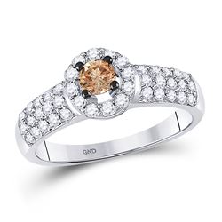 3/4 CTW Round Brown Diamond Solitaire Halo Bridal Wedding Engagement Ring 14kt White Gold - REF-65A9