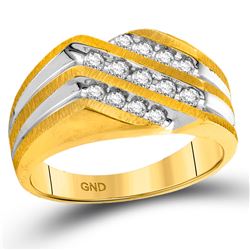 1/2 CTW Mens Round Diamond Diagonal 3 Row Fashion Ring 10kt Two-tone Gold - REF-35X9T