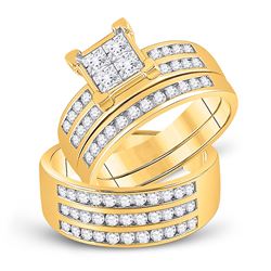 1 & 5/8 CTW His & Hers Princess Diamond Cluster Matching Bridal Wedding Ring 10kt Yellow Gold - REF-