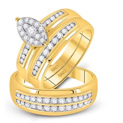 3/4 CTW His & Hers Round Diamond Cluster Matching Bridal Wedding Ring 10kt Yellow Gold - REF-63A5N