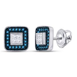 1/3 CTW Round Blue Color Enhanced Diamond Square Frame Cluster Earrings 10kt White Gold - REF-21R5H