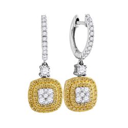 7/8 CTW Round Yellow Diamond Square Cluster Dangle Earrings 18kt White Gold - REF-113K9R