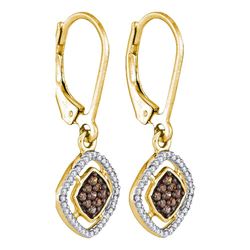1/3 CTW Round Brown Diamond Diagonal Square Dangle Earrings 10kt Yellow Gold - REF-16T8K