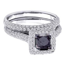 1 & 1/4 CTW Princess Black Color Enhanced Diamond Bridal Wedding Set 14kt White Gold - REF-63R3H