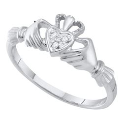 0.02 CTW Round Diamond Claddagh Heart Ring 10kt White Gold - REF-8K4R