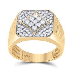 3/4 CTW Mens Round Diamond Square Cluster Textured Ring 10kt Yellow Gold - REF-71N9Y