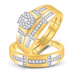 1/2 CTW His & Hers Round Diamond Cluster Matching Bridal Wedding Ring 10kt Yellow Gold - REF-60Y3X