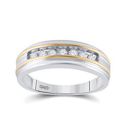 1/4 CTW Mens Round Channel-set Diamond Wedding Ring 14kt White Two-tone Gold - REF-35T9K