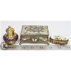 3 JEWELRY CASES BRASS ENAMEL PILL BOX CUSTOME