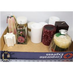 FLAT OF CANDLES AND CANDLE HOLDERS