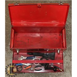 RED STEEL TOOL BOX AND ASSORTED TOOLS