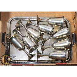 SILVER TRAY AND 8PCS OF PEWTER WINE CUPS