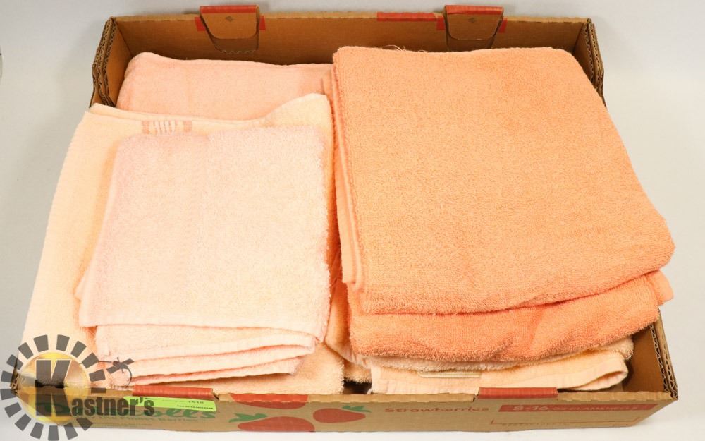 FLAT OF PEACH COLOUR BATH TOWELS AND HAND TOWELS