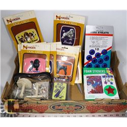 BOX OF CRAFTING SUPPLIES - IRON ON PATCHES,  KNIT