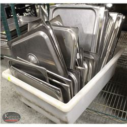 TOTE W/ APPROX 35 ASSORTED SIZE S/S INSERT LIDS