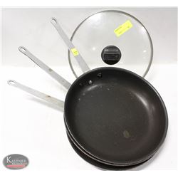 LOT OF 3 COATED ALUMINUM FRYING PANS W/ 1 LID