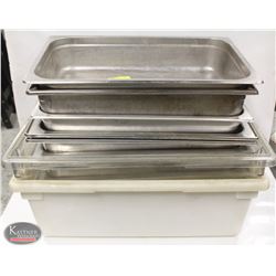 2 TOTES WITH 9 FULL SIZE STAINLESS STEEL INSERTS