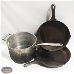 LOT OF TWO 11-1//2" CAST IRON FRY PANS & SS SAUCE