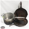 Image 1 : LOT OF TWO 11-1//2" CAST IRON FRY PANS & SS SAUCE