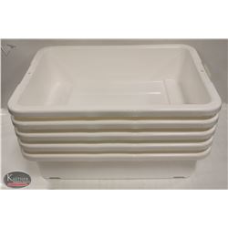 LOT OF 5 NEW 5" DEEP WHITE TOTE BOXES / BUS PANS
