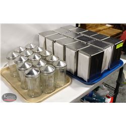 TRAY W/ 14 TABLETOP NAPKIN DISPENSERS AND 14 SUGAR