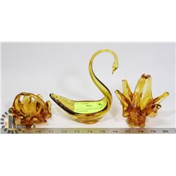 GROUP OF 3 GOLDEN CHALET ART GLASS FIGURES