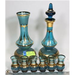8 PC BLUE GLASS WITH GOLD TRIM DECANTERS & CUP SET