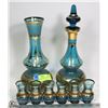 Image 1 : 8 PC BLUE GLASS WITH GOLD TRIM DECANTERS & CUP SET