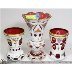 GROUP OF 3  ANTIQUE WHITE MOSER ART GLASS VASES