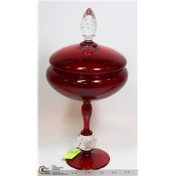 ANTIQUE CRANBERRY GLASS PEDESTAL COVERED BOWL