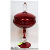 Image 1 : ANTIQUE CRANBERRY GLASS PEDESTAL COVERED BOWL