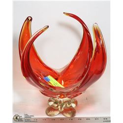 VINTAGE RED / ORANGE CHALET ART GLASS SCULPTURE