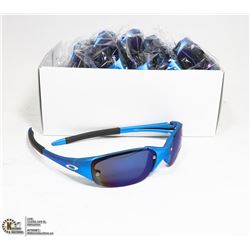 BOX OF METALIC BLUE OAKLEY STYLED SUNGLASSES