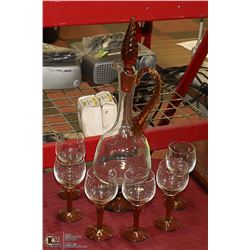 8 PC AMBER GLASS DECANTER SET , 18" TALL DECANTER