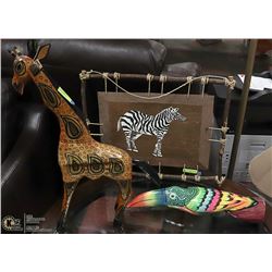 3 ITEMS - ZEBRA PICTURE, WOOD BIRD & WOOD GIRAFFE