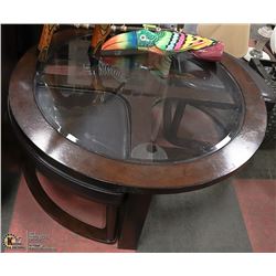 COFFEE TABLE SET W/ 2 PIE SHAPED STOOLS - 40" DIAM