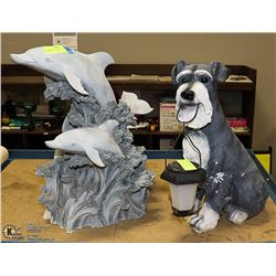 2 GARDEN STATUES, DOG 15" TALL & DOLPHINS 16" TALL