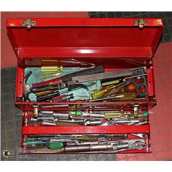 RED TOOL BOX WITH SOCKET SET, DRIVER, WRENCHES,