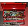 Image 1 : RED TOOL BOX WITH SOCKET SET, DRIVER, WRENCHES,