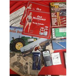 Lot of Stationary Items and John Deer Calendar, 2 Old Milwauke Calendar, Guns of the World Magazine