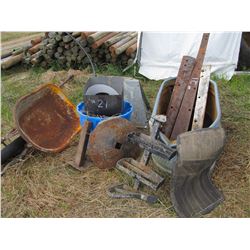 WHEEL BARROW, GRADER BLADES, HOT WATER TANK, STEEL WHEEL, STOCK TANK & MISC STEEL