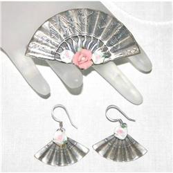 Vintage Porcelain Rose Fan Brooch/Earrings #964377