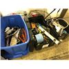 Image 1 : 3 BINS OF ASSORTED TOOLS, CABLES, LIGHTS, 2 DUFFLE BAGS AND MORE