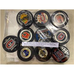 NHL SIGNED PUCKS (10) INCLUDES PUCKS SIGNED BY GUY LAFLEUR, FRANK MAHOVLICH, PHIL HOUSLEY, GLENN