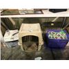 Image 1 : PET KENNEL CARRIER, PET METAL KENNEL, BIN OF ASSORTED PRODUCE SEEDS, & SAMSUNG PRINTER